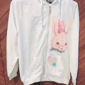 Dolly zip up white hoodie w/ bunny patch & bow